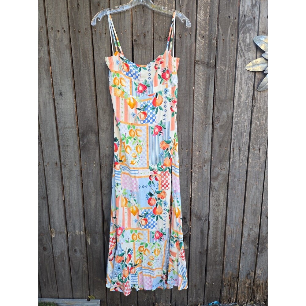 Paper Heart | Anthropologie Floral Fruit Patchwork Print Maxi Tie Back Dress  L
